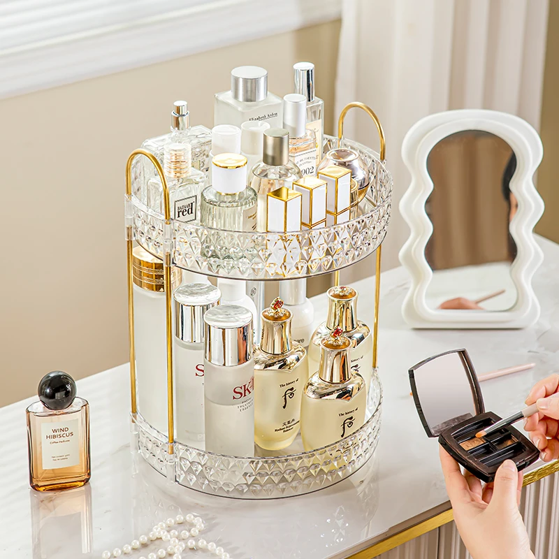 360° Rotating Cosmetic Organizer 3 Tier Transparent Diamond Pattern Cosmetic Rack Bathroom Cosmetic Vanity Organizer Countertop 5