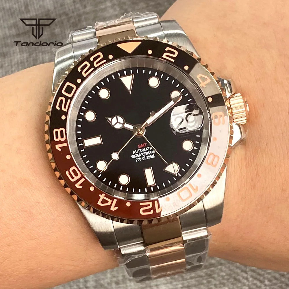 Tandorio-自動リストバンドnh34a gmt,男性用,2トーン,ピンク,金色,回転 