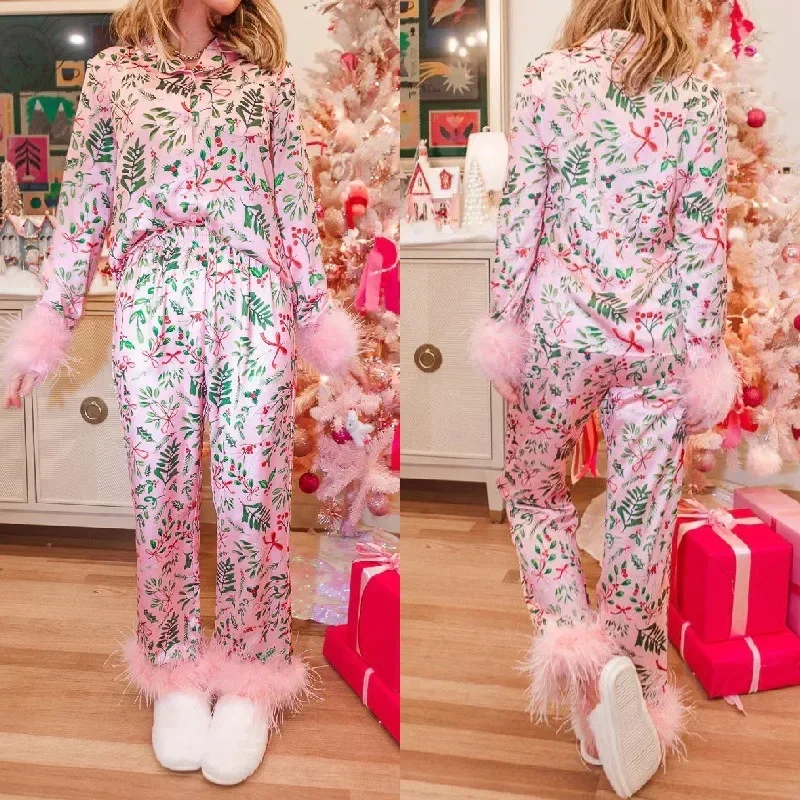 

Women Christmas Pajamas Set Sleepwear Elegant Satin Two Piece Set Long Sleeve Top Pants Homewear Outfits Loungewear Nightwear