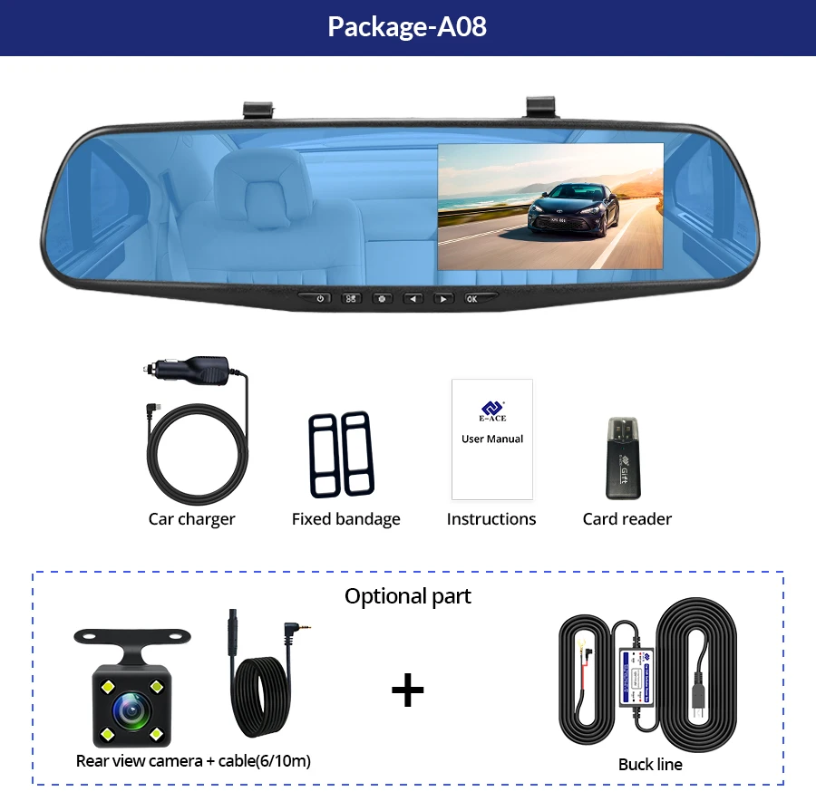 E-ACE Ǯ HD 1080P ڵ Dvr ī޶ ڵ 4.3 ġ ̷   ڴ    ķڴ