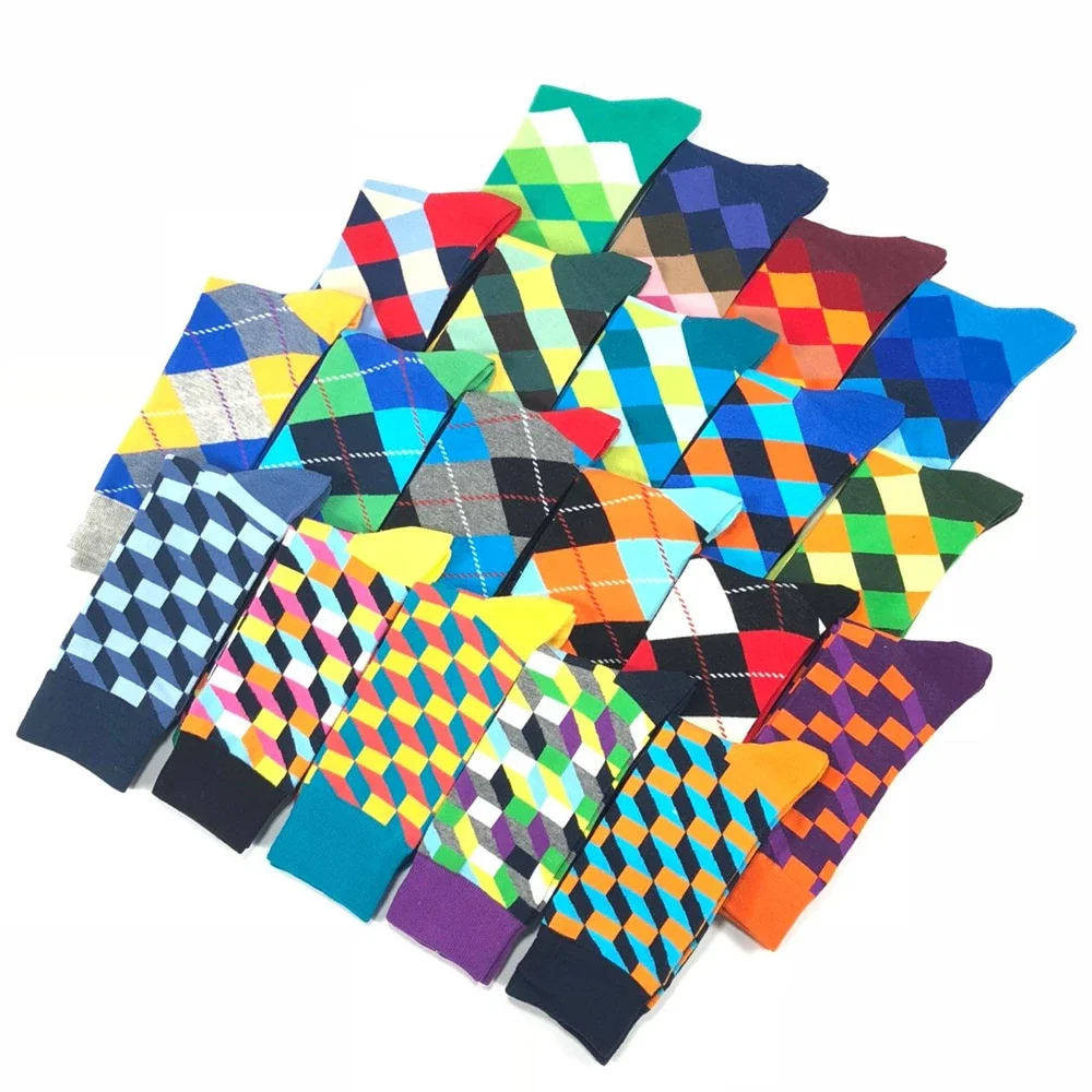 5 Pairs Men's Colorful Patterned Cotton Crew Socks