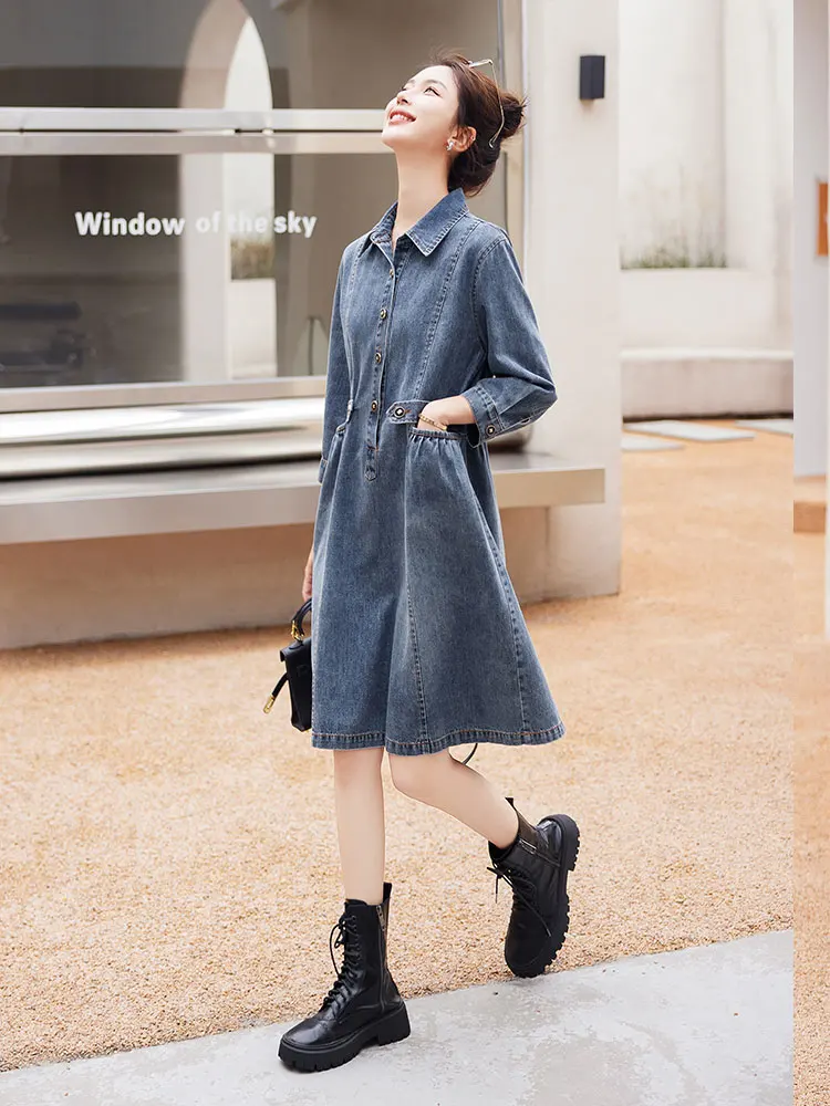 

Spring Summer Simple Fashion All-match Loose Korean Casual Loose Denim Vintage Washed Denim Three Quarter Sleeve Dress Z436