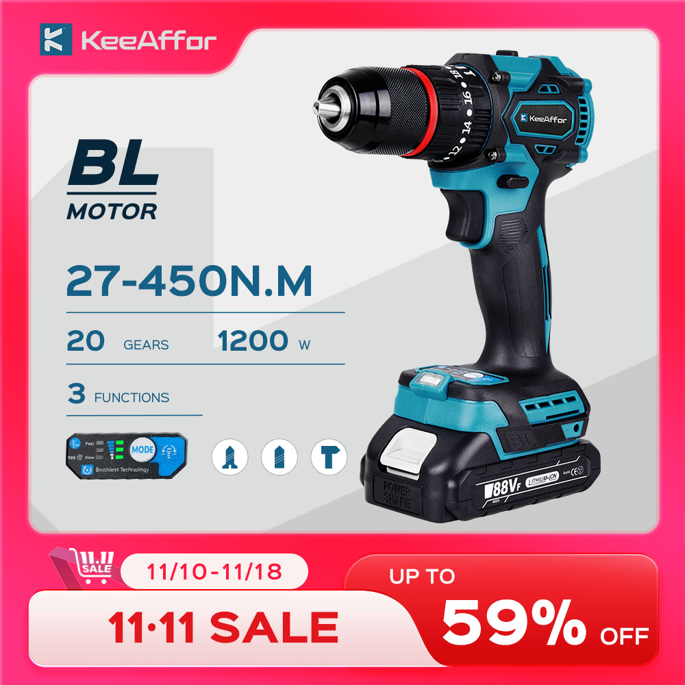 KEEAFFOR 1200W 450NM Torque Brushless Electric Impact Drill 20Gears Electric Screwdriver Cordless Tools For Makita 18v Battery