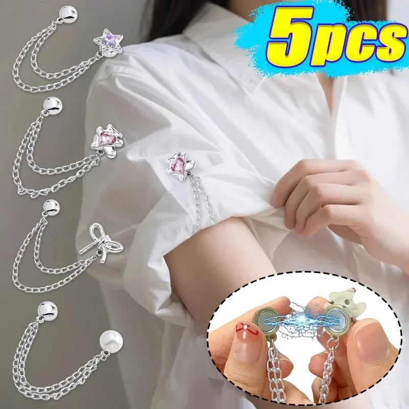5pcs Multi-Function Magnetic Clothing Clips with Chain Metal Tassel Buttons Clip Roll Up Pants Alloy Change Shorts Trouser Legs