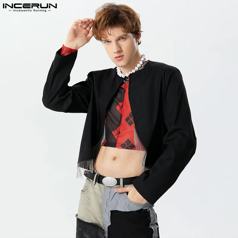 

INCERUN Tops 2023 American Style Handsome Men's Cropped Tassel Design Shirts Casual Solid Male Cardigan Collarless Blouse S-5XL