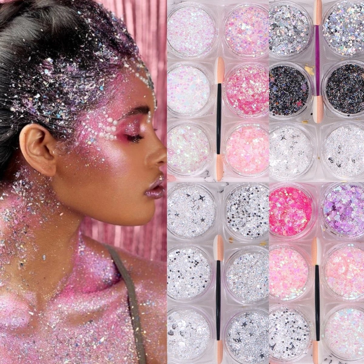 "Sparkle-Infused" Sparkling Gray Glitter Gel For Mardi Gras Concerts & Festivals Mermaid Face Paint & Chunky Hair Sparkle Makeup 2