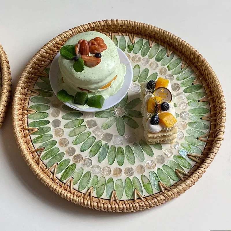 Korean Handmade Rattan Round Shell Tray Household Cake Bread Breakfast Basket Snacks Dried Fruit Plate Home Decoration Ornaments 2
