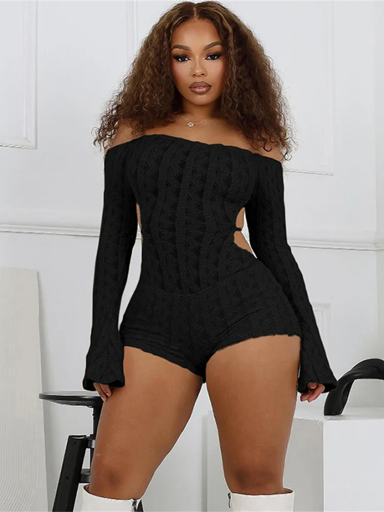 Nibber Backless Romper Women Knit Thin Fall Slash Neck Full Sleeve Hipster Playsuit Arabesques Workout Activity Shorts Overalls