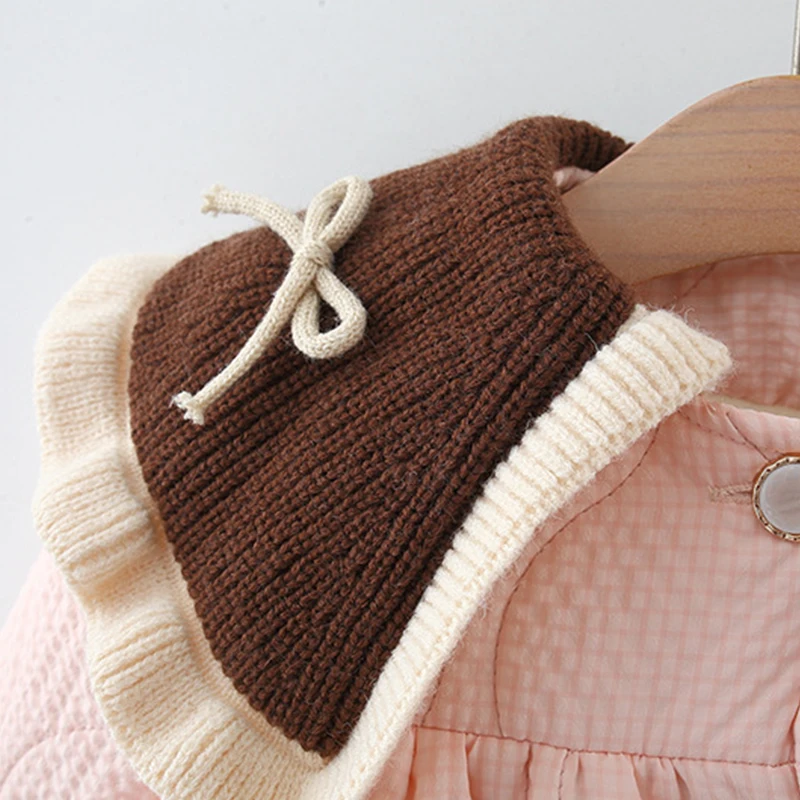 Winter New Brown Collar Baby Girl Coat, Sweet Bow Pocket Children'S Long Sleeved Clothes For 9 Months To 3 Years Old