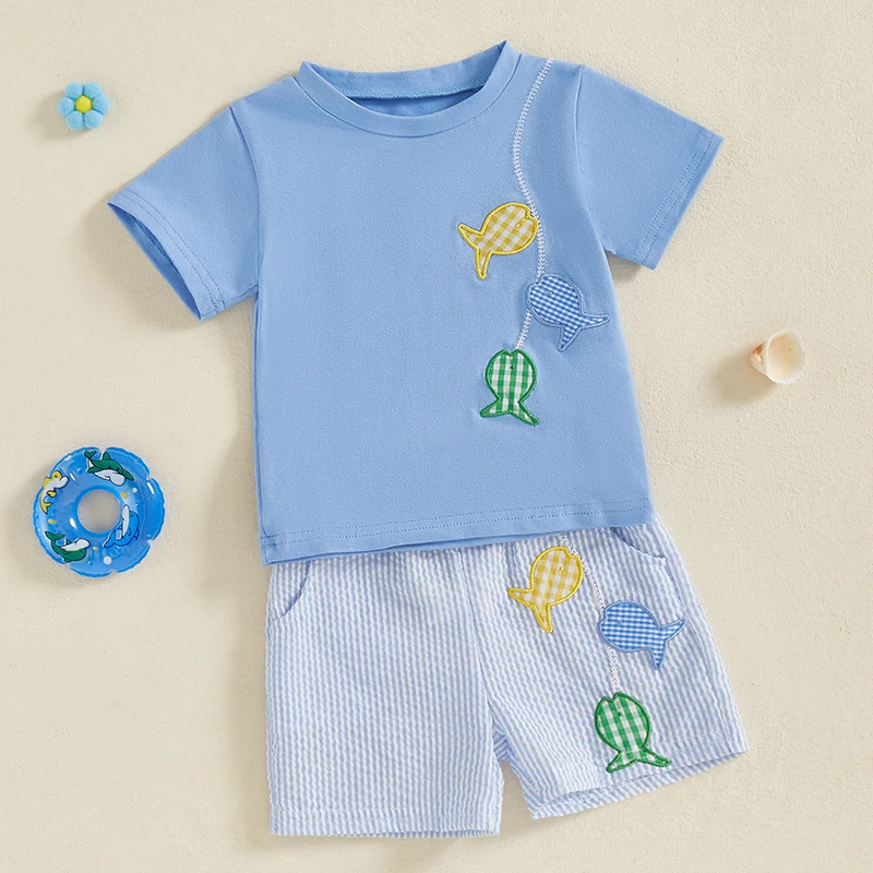 Toddler Kid Boy Summer Outfit Colorful Fish Embroidery Short Sleeve T-Shirts Elastic Waist Shorts 2Pcs Baby Boy Clothes Set