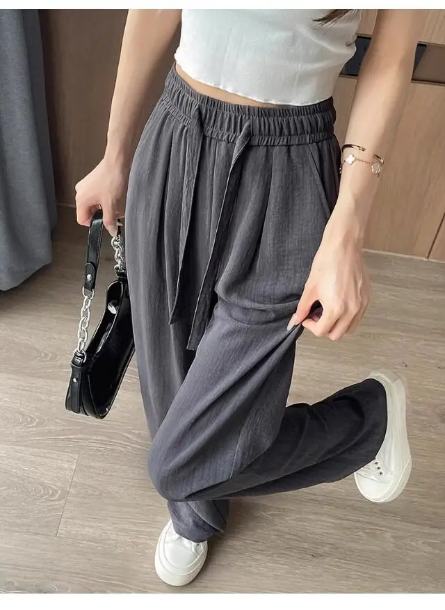 Women's High Waist Wide Leg Pants 2026 Summer Ice Silk Linen Loose Fit Flowy Straight Leg Casual Trousers Women Pants Sweatpants_ecoleips.com