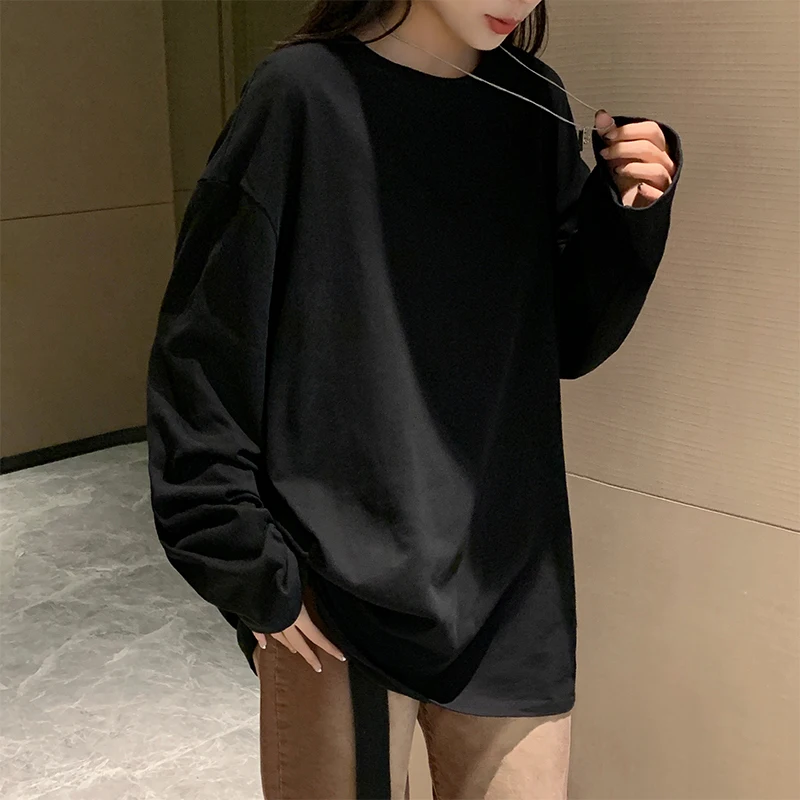 Women Long Sleeve Cotton O-Neck T-Shirt,Casual Loose Tops Solid Color Pullover Tee Shirts 2