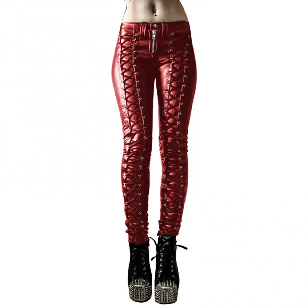 Button Women Trousers Skinny Faux Leather Pants Steampunk Cosplay Carnival Party Trousers