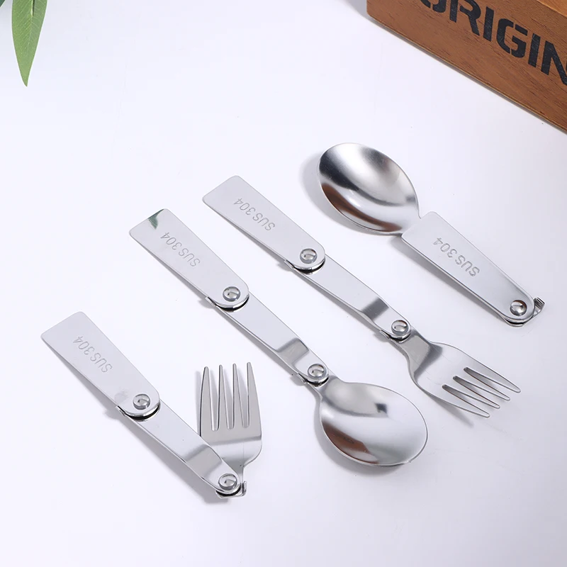 새로운 1Pc/3Pcs 휴대용 야외 식기류 캠핑 여행 학교 사용을위한 스테인레스 스틸 스푼 포크 젓가락 접이식 식기류