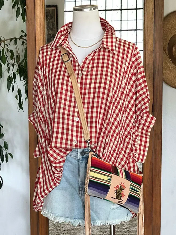 

Oversized Check Dolman Sleeve Top Women Shirts