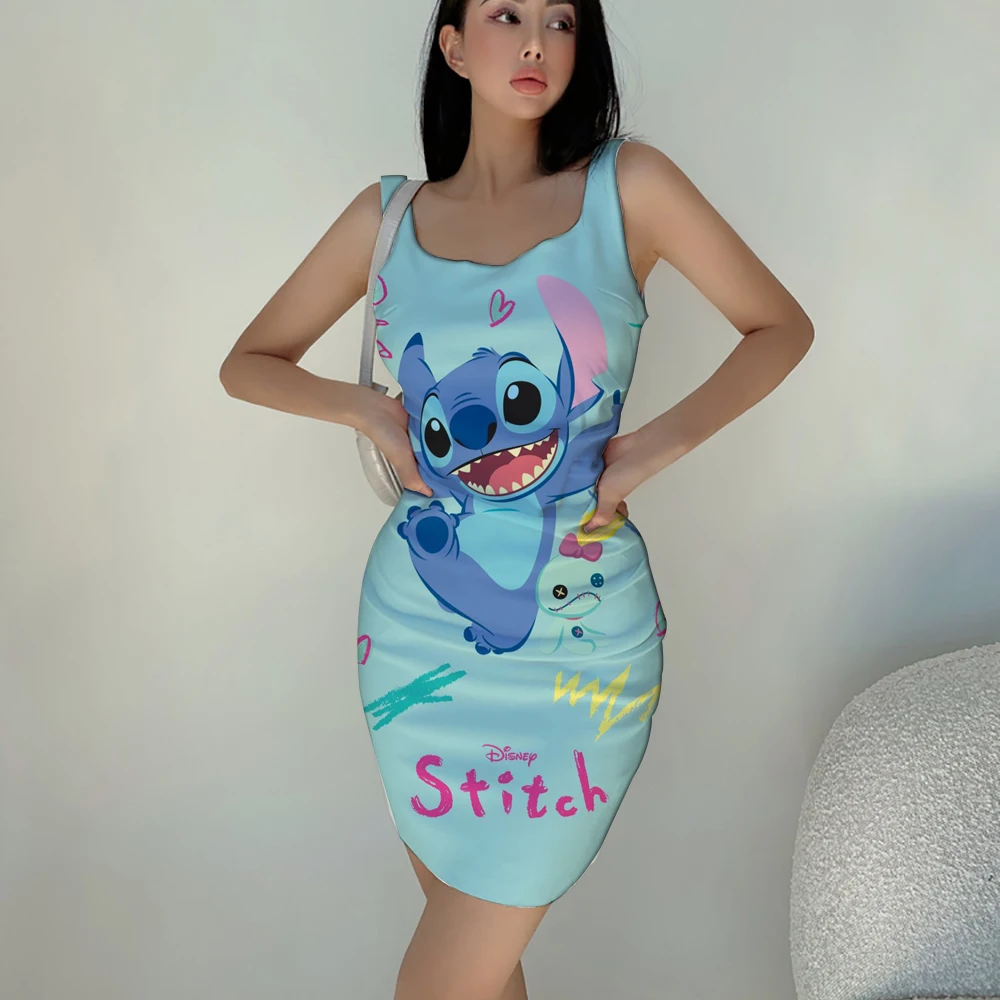 Cute Mickey and Stitch Anime Summer New Sexy Queen Nightclub Party Disney Brand 3D Printing Trend Slim Sling Dress 2022