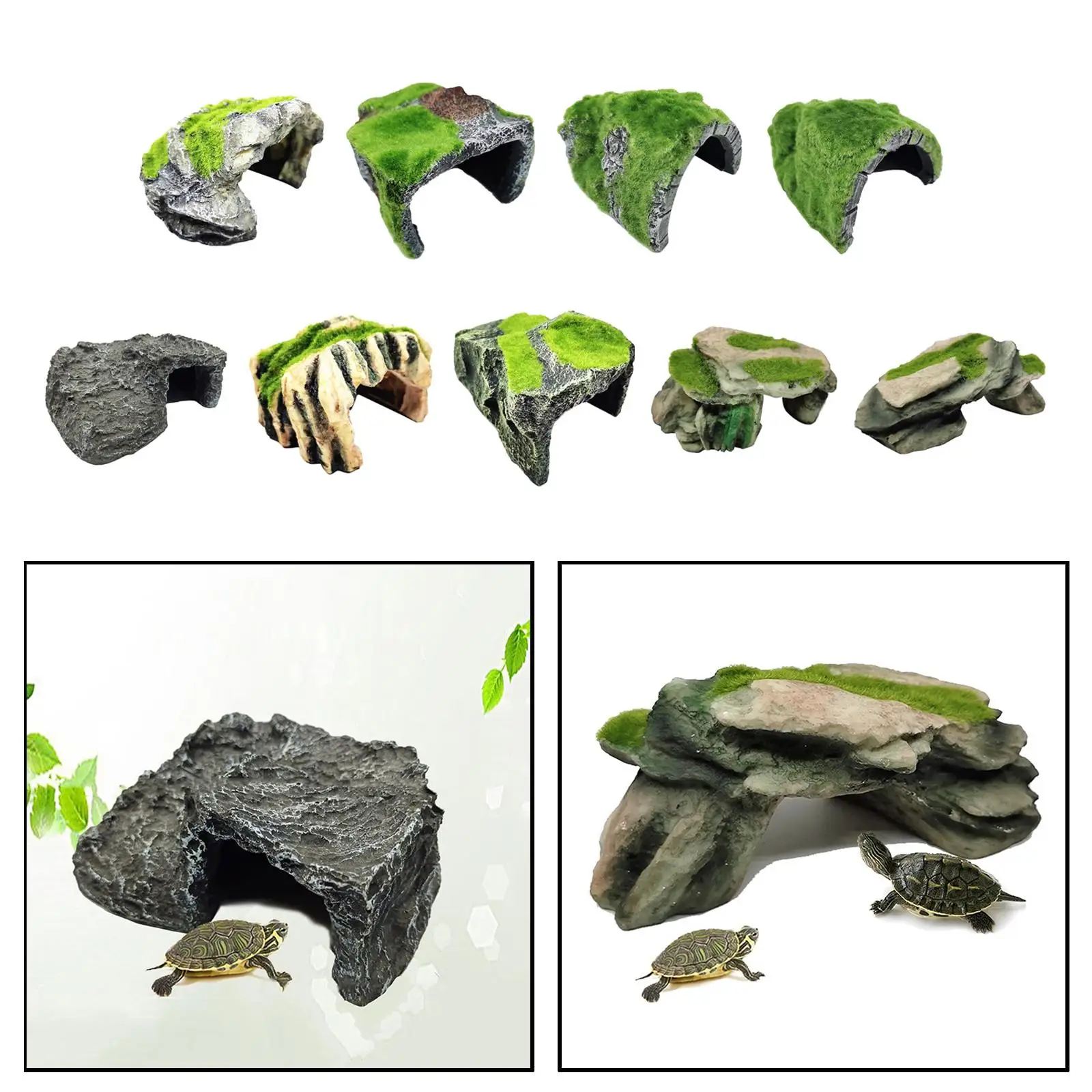 Simulate Moss Rockery Stone Reptile Hiding Cave Snake Turtle Hide Rest Fish Tank Landscaping Aquarium Decor