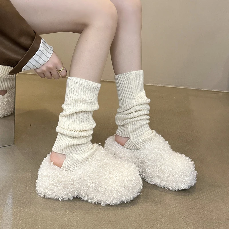 ZOOKERLIN Round Toe Thick High Heels Platform Women's Slippers Solid Color Wool Slip On Winter Soft Comfortable Woman Shoes Fur