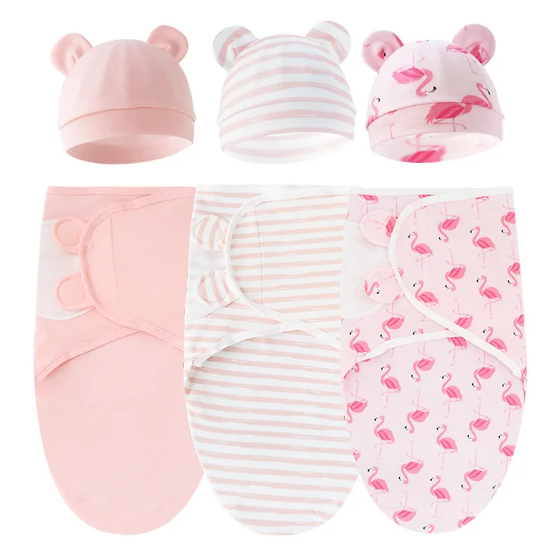 Baby Blanket Hat Set Cartoon Printed Cotton Newborn Swaddle Adjustable Infant Sleeping Swaddle Wraps All Seasons 0-6 Months