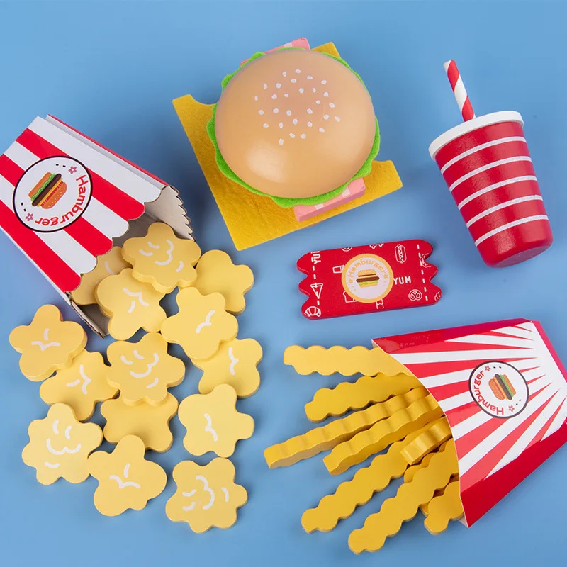 Children's simulation food toy set, wooden simulation burger, fries, wooden blocks, role-play, kitchen/shop, early learning toys 3