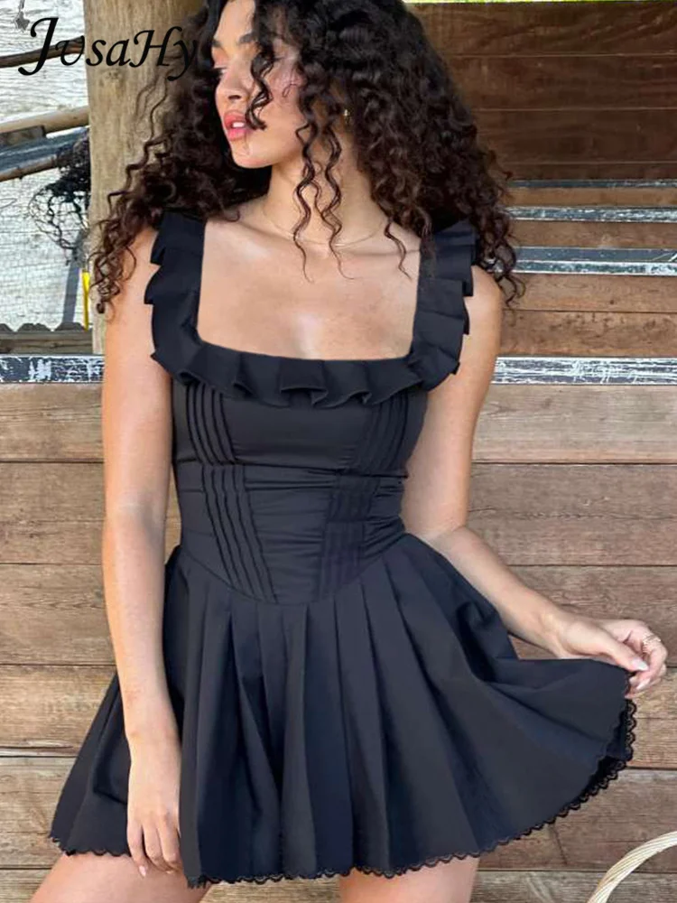 

JusaHy Women New Y2K Sexy&High Solid Street Black Spaghetti Strap V-Neck Pleated Dresses A-Line Chic Sweet Hot Party Mini Dress