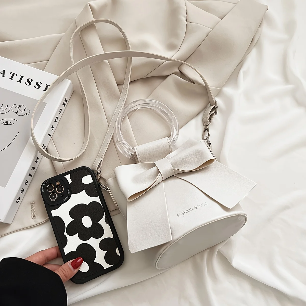 Stylish Women's Bucket Bag with Detachable Strap and Elegant Bow Accent Casual Shoulder Crossbody Bag, Summer Handbag Purse