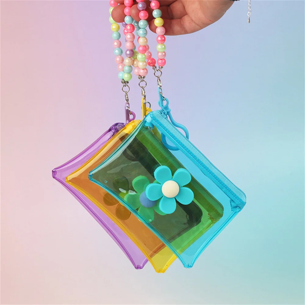 Colorful PVC Transparent Coin Purse Mini Earphone Storage Bag Ins Bead Chain Key Bags Card Organizer Flower Zipper Wallet