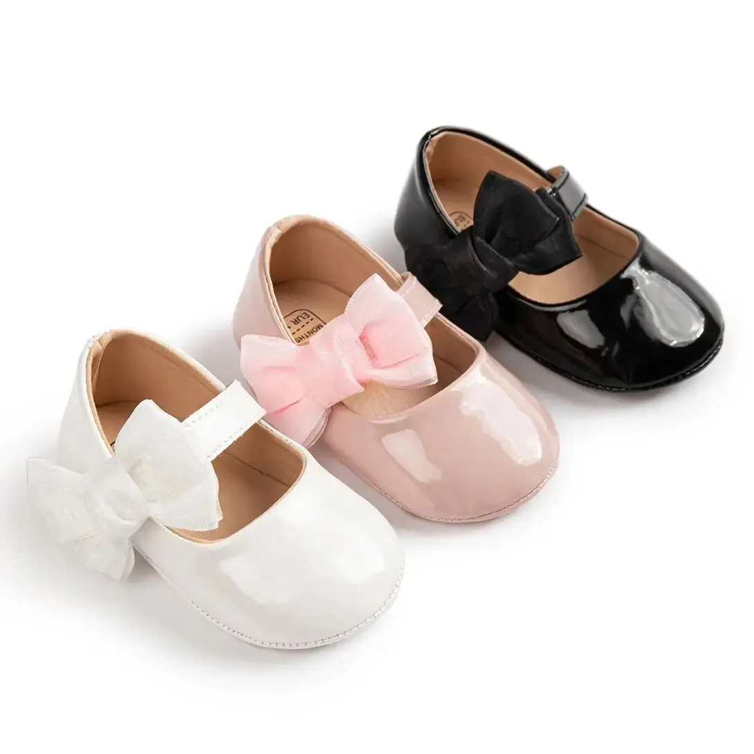 Baby shoes soft sole shoes Meckior Baby Girls Shoes PU Leather Bowknot Flat Non Slip Rubber Sole Toddler First Walkers Princess Wedding Dress Girl Shoes