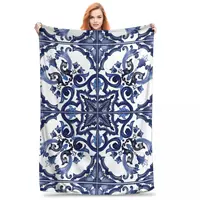 Blue Ornate Floral Mediterranean Sicilian Tile Blankets Flannel Throw Blankets Sofa Throw Blanket For Couch Bedding Throws Quilt 1