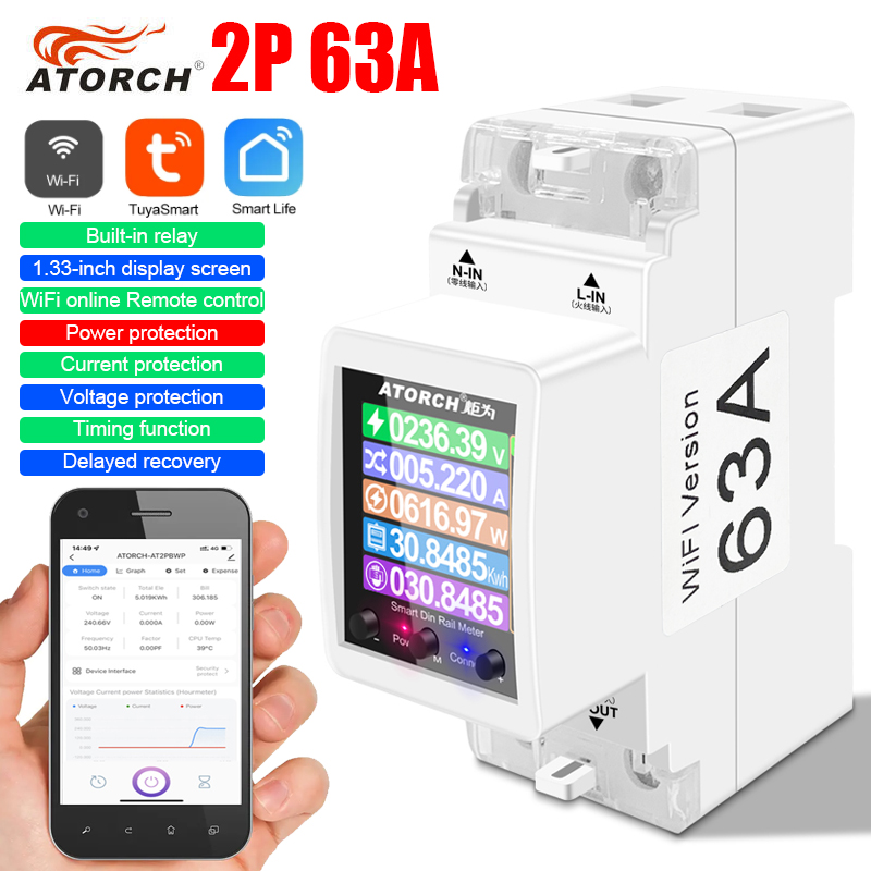 ATORCH 2P 63A Tuya WIFI Smart Switch Circuit Breaker Energy Meter KWh Power Metering Timer Relay Remote Control Smart Life APP