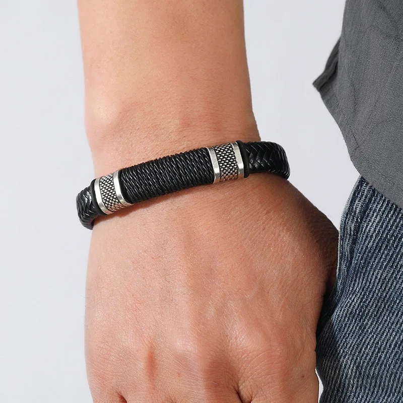 Men Leather Detachable Magnetic Clasp Bangle Bracelet