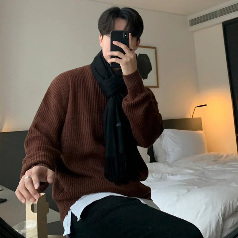 

SYUHGFA Men's Clothing Thickening Sweater 2024 Autumn Winter Loose Korean Vintage Kintted Sweater Round Collar Pullover