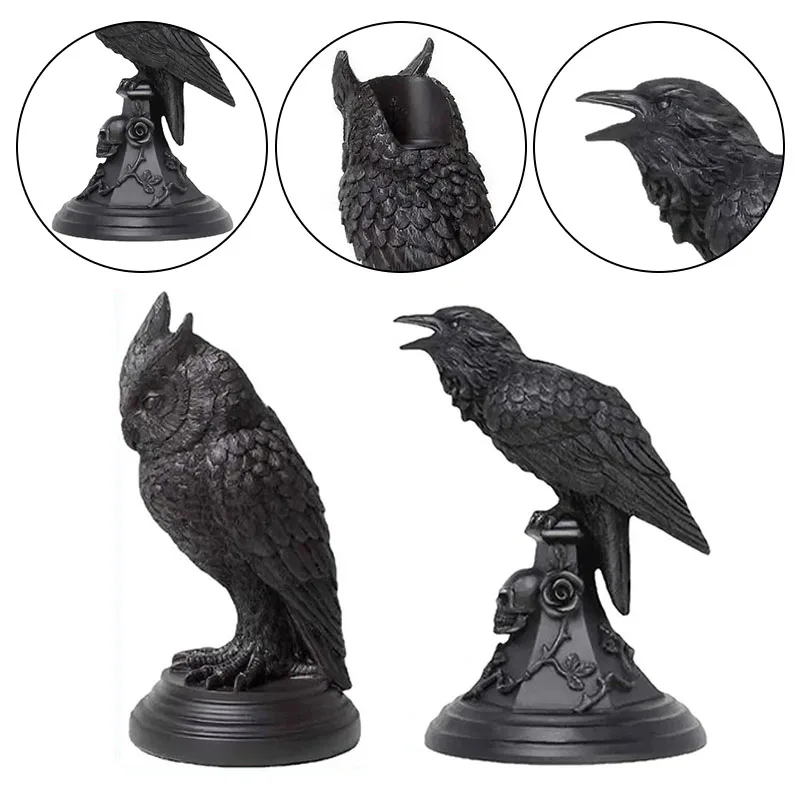 Gothic Crow Candle Holder Retro Black Owl Candlestick Resin Sculpture Craft Halloween Statue Fun Atmosphere Home Decoration