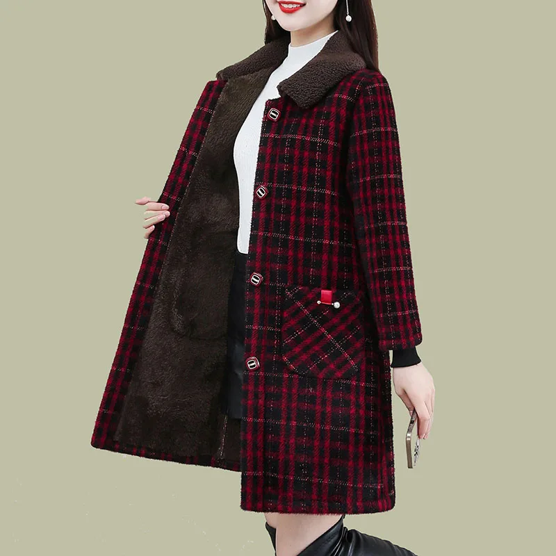 

New Women's Imitation Mink Velvet Woolen Coat Autumn Winter Long Thick Warm Woolen Jacket Oversized Female Plaid Parker Overcoat