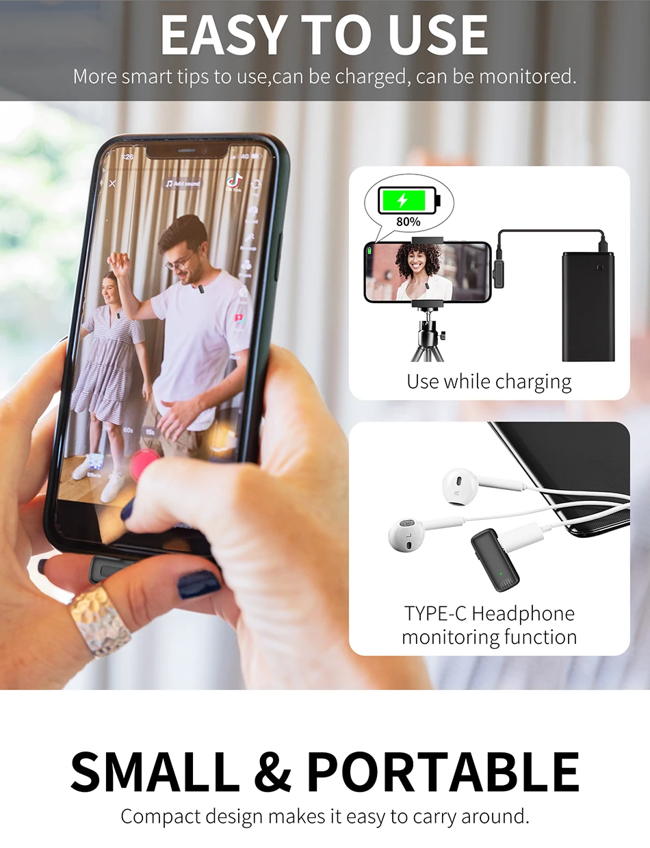 XTUGA J11 Professional Wireless Collar Video Audio Microphone Plug and Play Available Distance Of 20 Meters For iOS/Type-C