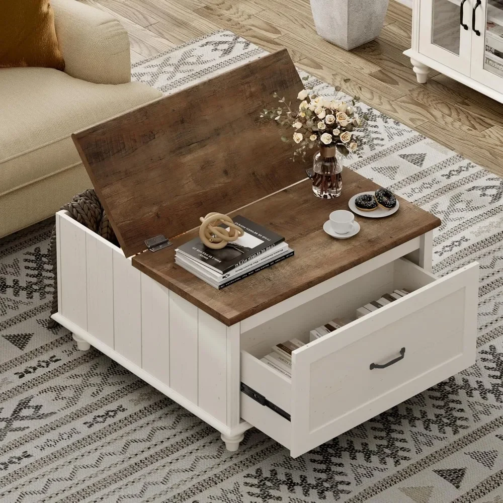 Farmhouse coffee table, square with adjustable top and living room drawers, wooden center table for home and office 4