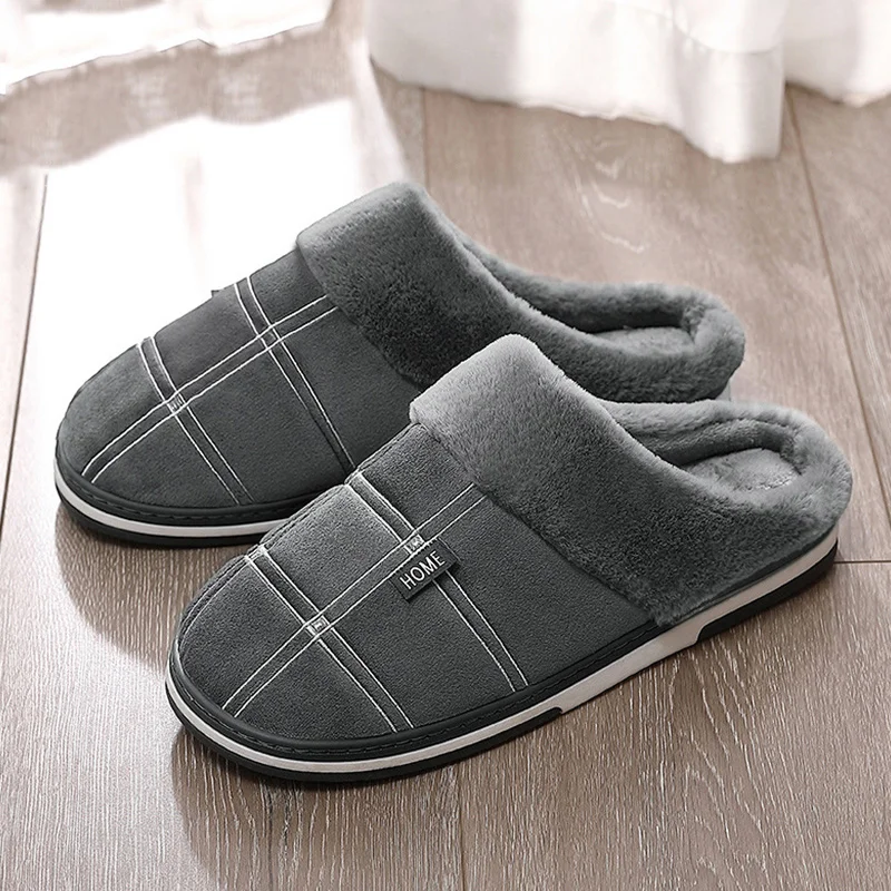 Large size 46-51 Winter House slippers Men Striped comfortable Indoor slippers Short plush Warm Non slip men slippers Gray/Brown striped design slippers winter indoor warm thick soled home slippers women s plush cotton slippers solid anti slip house shoes