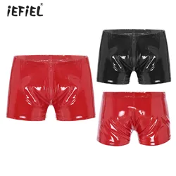 Mens Wet Look Patent Leather Shorts Zipper Front Boxer Briefs Latex Underpants Nightclub Bar Stage Performance Sexy Costume