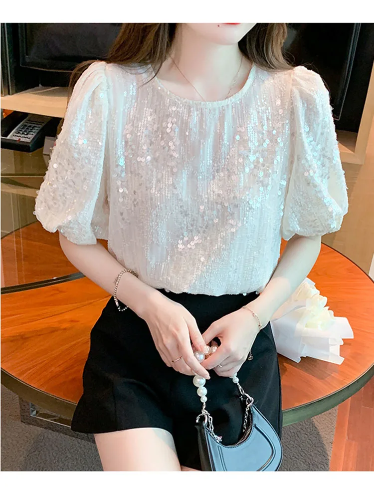 

Women Summer T-Shirts Temperament New Lace Chiffon Shirt Lantern Sleeve Sleeves Korean Edition Solid Sequin Round Neck D3617