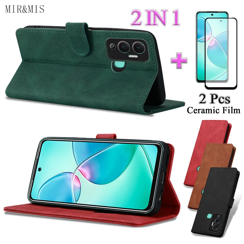 

For Infinix Hot 12 Play Leather Case 2 IN 1 With Tempered Ceramic Protector Screen Curved Tempered Film