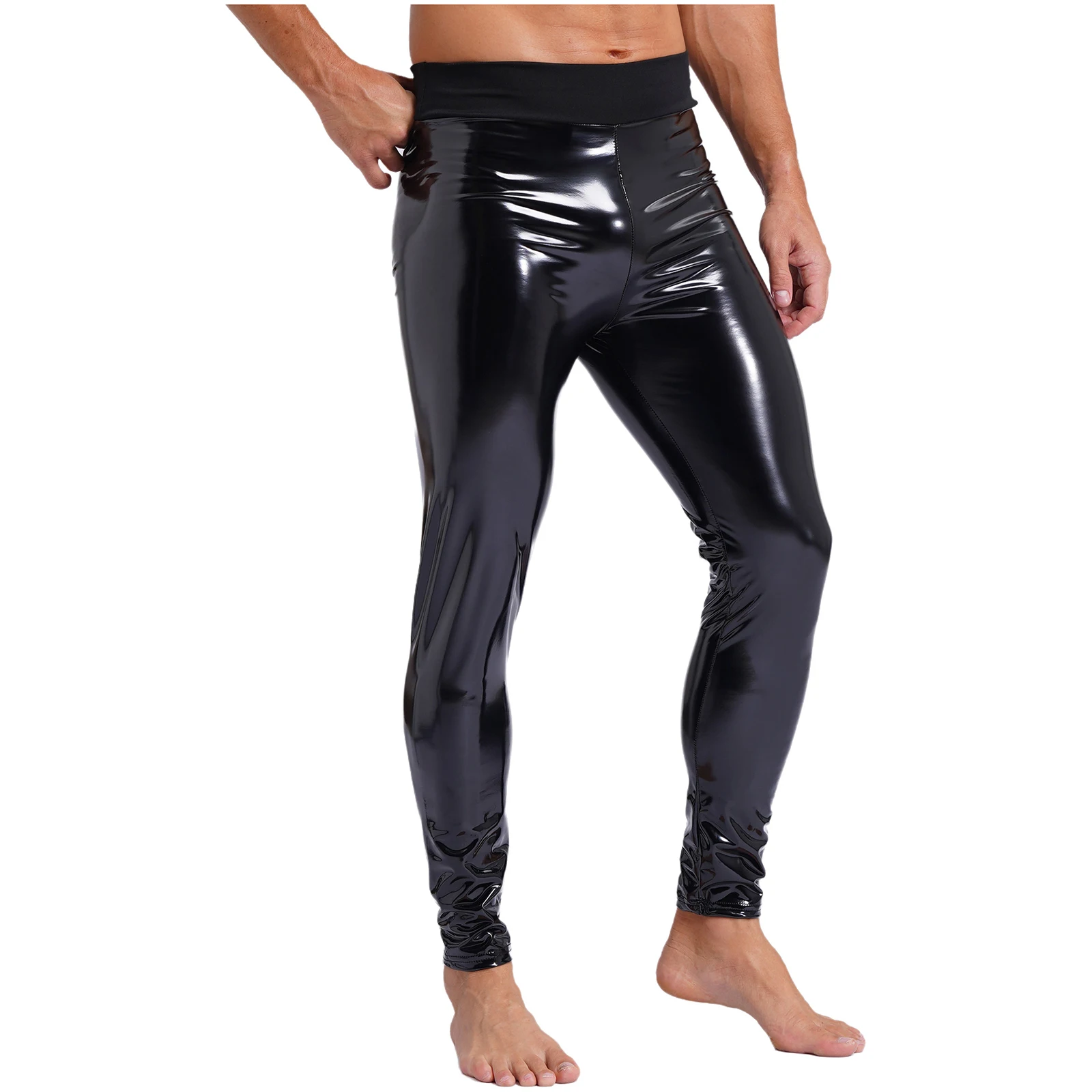 thumbnail image 1 of Pantalones ajustados de charol para hombre, pantalones largos de látex, mallas elásticas negras, ropa de fiesta Rave de cintura alta, ropa de discoteca con aspecto mojado, 1 of 5