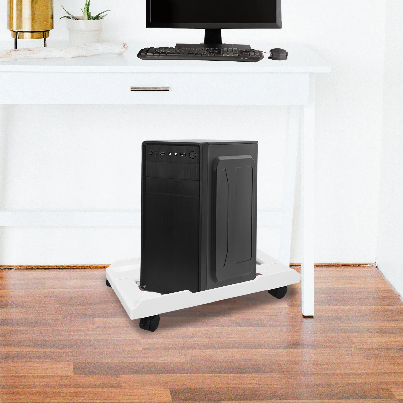 헤비 듀티 조절식 PC 타워 스탠드, 카펫 바닥용 데스크탑 컴퓨터 케이스 홀더, 부드러운 바퀴, 간편한 청소 및 유지보수