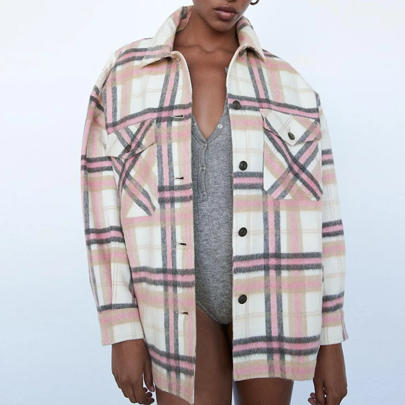 2023 Loose Turn Down Collar Elegant Front Pockets Plaid Coats Tops Women Fashion Single Breasted Jackets Female Outer Clothing elegant women 2023 new winter korean plaid single breasted pockets jackets fashion cotton padded loose coats outwear z178