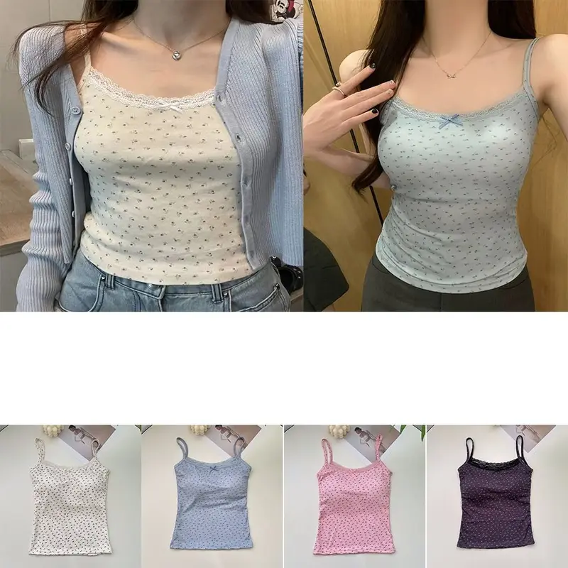 Elegant Lace Flower Print Camis Y2K Slim