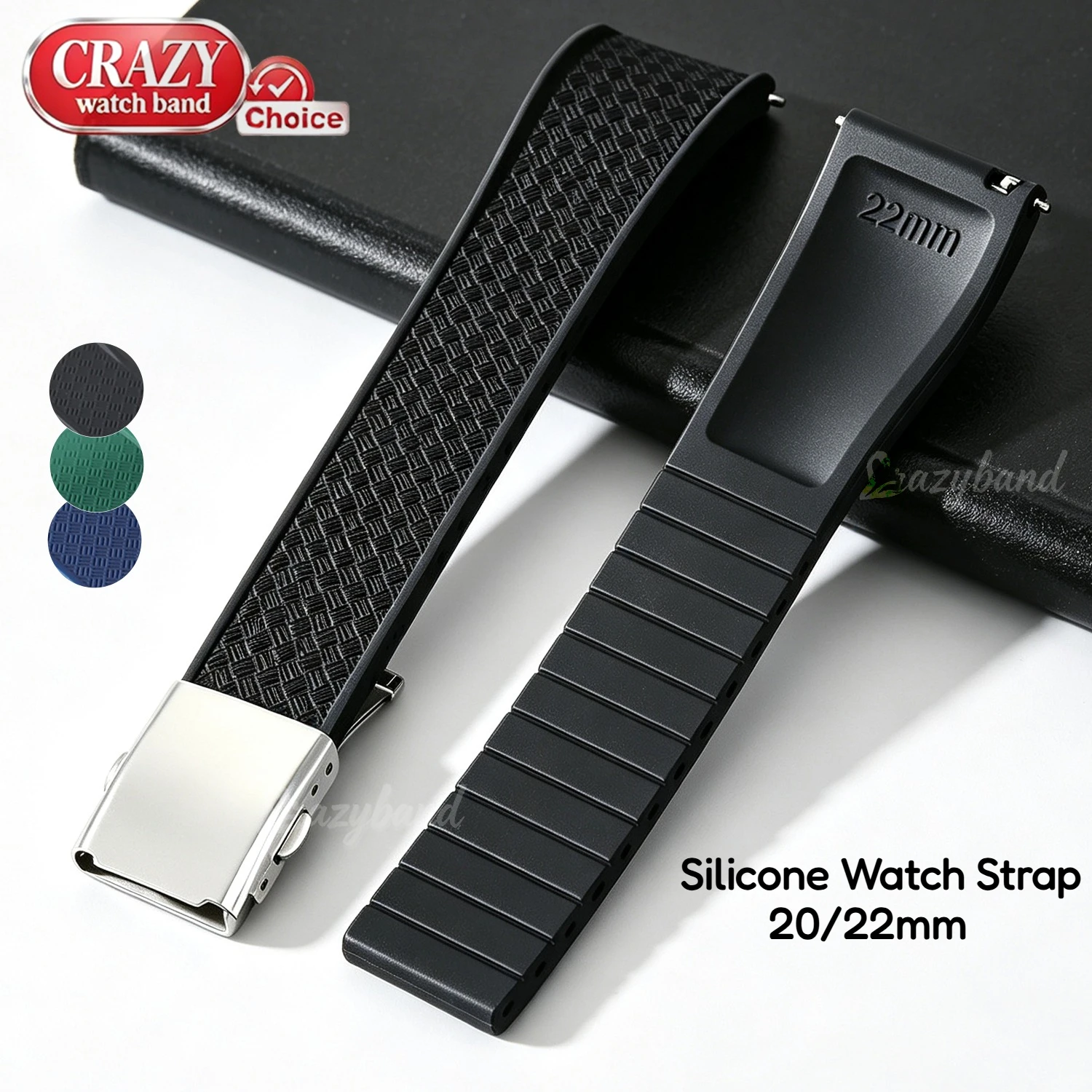 Universal Quick Release Silicone Watch Strap - Green, Blue, and Black 20mm/22mm
