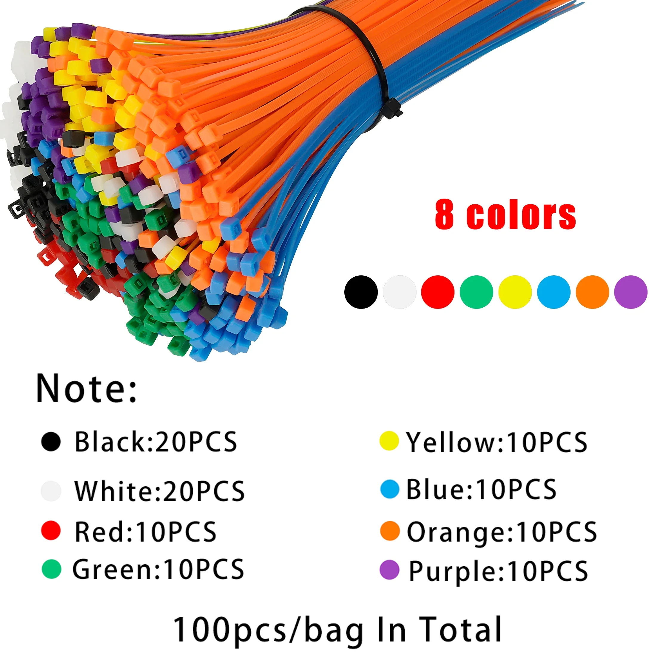 Multicolor Self-Locking Nylon Cable Ties – 100 Pack