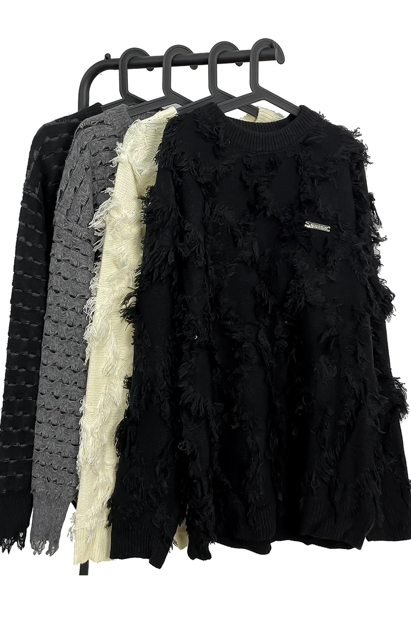 2023 Autumn Winter American Retro Fringed Burr Knitted Sweater Men's Fashion Brand Design Sense O-neck Coat Pullovers Knitwear