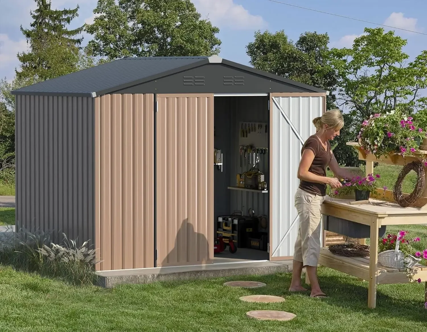 Description Picture 3 of item8' x 6' Metal Outdoor Storage Shed, Lockable Bike Shed,Garden Shed &Tool Shed for Backyard, Patio, Lawn,Brown