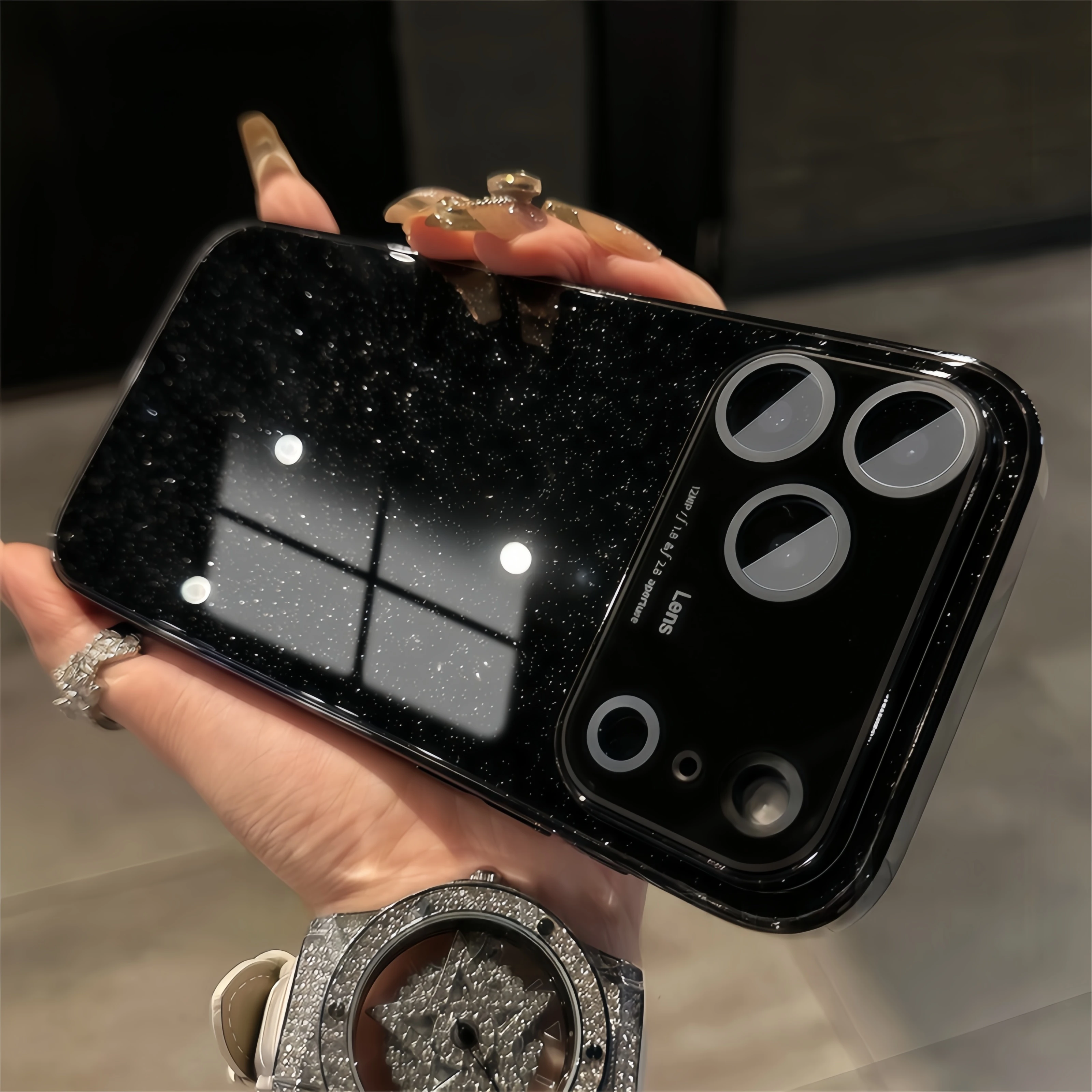 Luxury Shiny Glitter Glossy Glass Phone Case with Plating Lens Protector and Shockproof Design