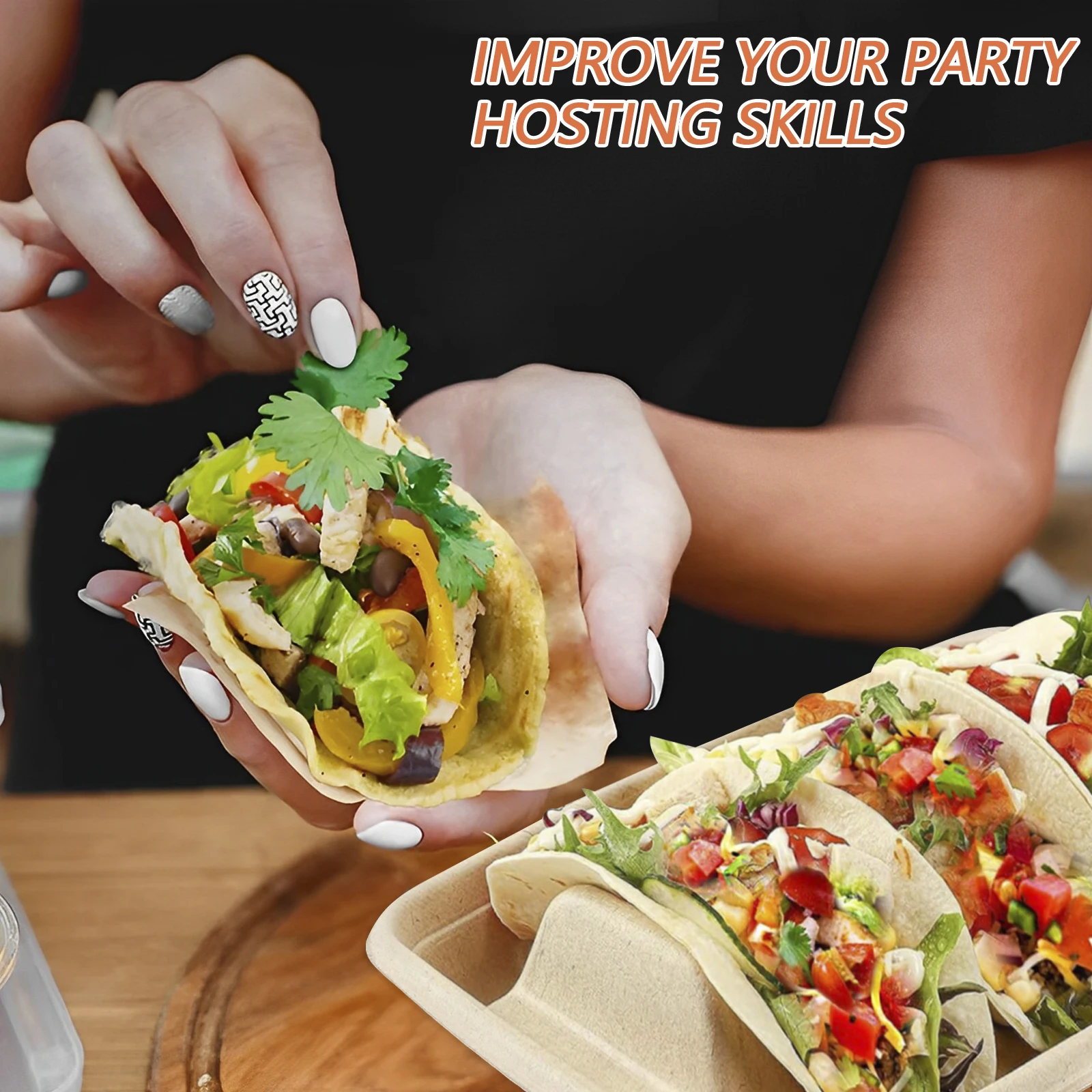 50Pcs Taco Plates Reusable 3 Compartments Taco Serving Plates Stackable Tray Holder No Mess Keeps Your Tacos